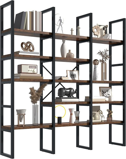 Jehiatek Large Bookshelf 5 Tiers, Triple Wide Geometric Bookcase, 71 Inches Tall Industrial Book Shelves Etagere Book Case, Sturdy Metal Frame, Freestanding Display Shelving Unit, Rustic Brown