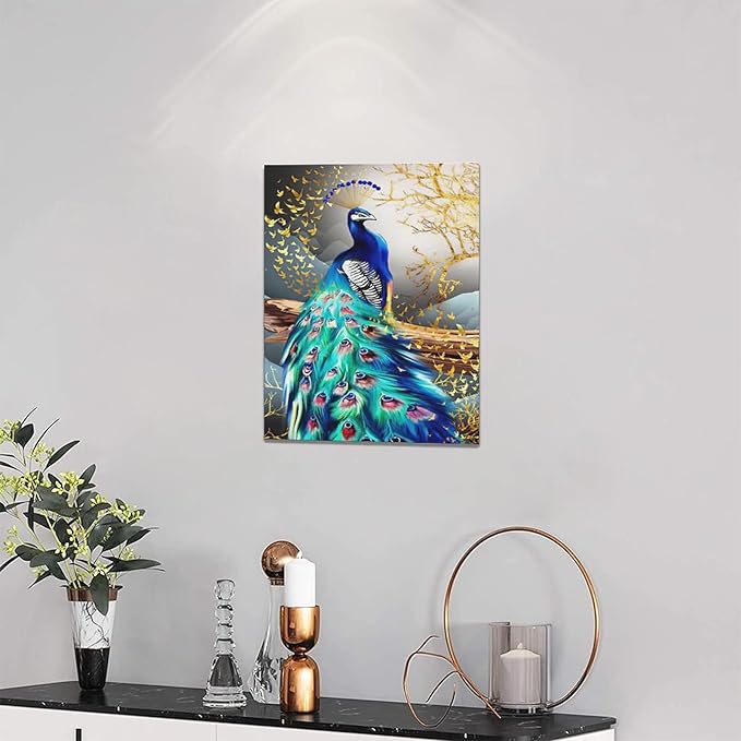 yerretin Peacock Wall Art Peacock Golden Tree Pictures Wall Decor Bird Canvas Painting Modern Decoration Artwork for Bathroom Living Room Bedroom Office Framed 12"x16"