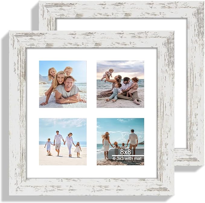 8x8 Picture Frame Set of 2, with Glass and Distressed White Wood Frames, Display Collage Four Opening 3x3 With Mat or 8 x 8 Without Mat for Wall Hanging or Tabletop