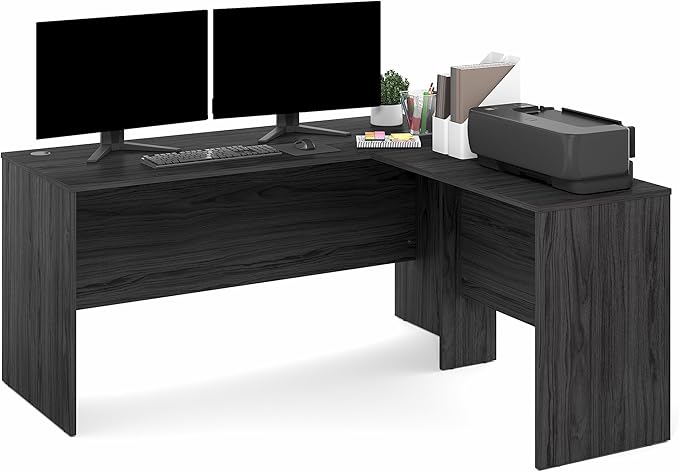 Furinno Roger 60 Inch L-Shaped Office Desk, Executive Desk with Reversible Desk Return, Modesty Panel, Desk Cord Grommet, Scratchproof, for Home Office, Coastal Grey