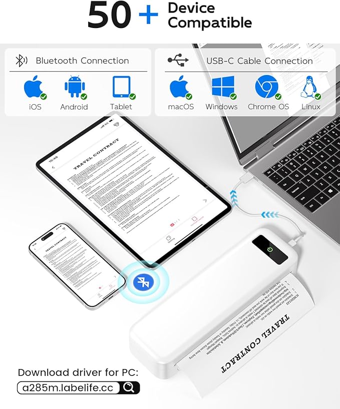 Portable Printers Wireless for Travel, A285M Bluetooth Inkless Thermal Printer, Support 8.5" X 11" US Letter & A4, Small Mobile Printer with Carry Case and 4 Rolls Thermal Paper, for Home Car Receipt