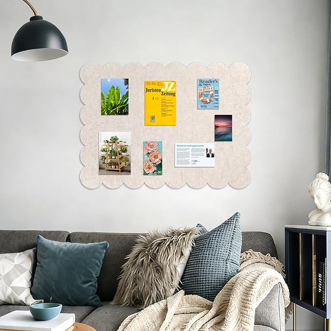 Scalloped Felt Bulletin Board, 36 x 24 Inches Foldable Pin Cork Board with 20 Pushpins - Decorative Cork Alternative for Wall, 3' x 2' Trifold Picture Self Adhesive Vision Prayer Board - Oatmeal