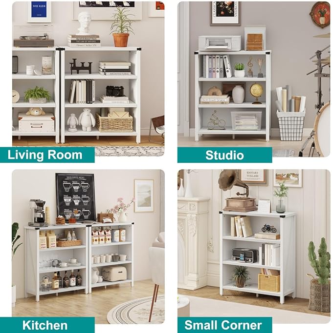 BON AUGURE White Bookshelf, 3-Tier Wooden Bookcase with Adjustable Shelves, Small Farmhouse Floor Book Cases/Shelves with Open Storage for Home Office School Library Bedroom Kids