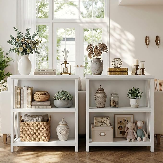 FATORRI Small Bookshelf for Small Space, Short Rustic Low Bookcase, Modern Wood and Metal Book Shelf and Narrow Book Case for Living Room, Hallway (White Oak)