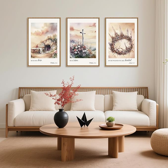 Ausril 3 Pcs Christian Cross Framed Wall Art Set, Jesus Empty Tomb Canvas Decor, Christian Religious Bible Painting, Jesus Crucifixion Risen Easter Print for Living Room, Bedroom, Church 16X24inch