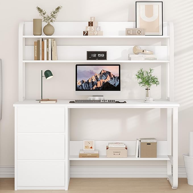 White Desk with Hutch, 55 Inch Computer Desk with 3 Drawers for Bedroom, Study Writing Desk with Shelves for Small Spaces, Adjustable Feet