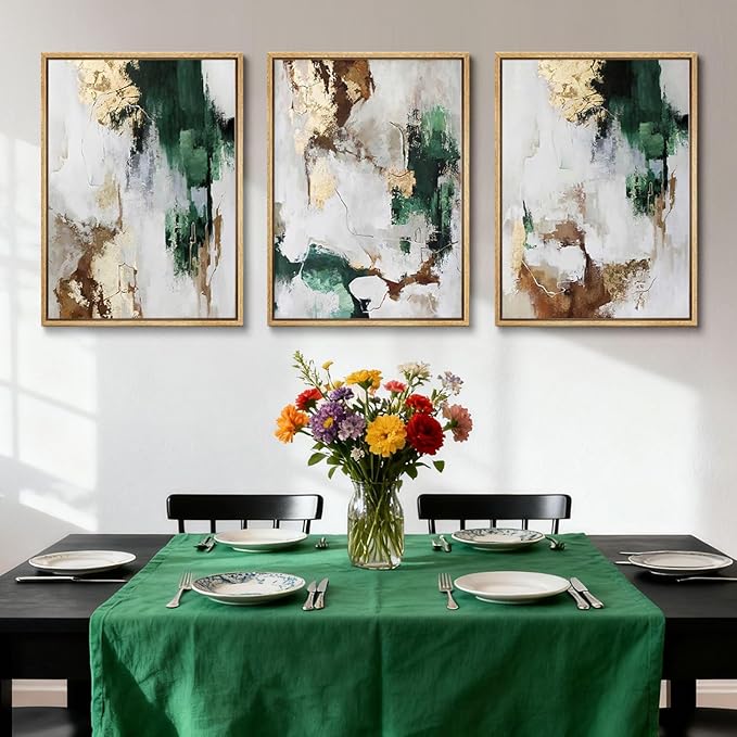3Pcs Green and Gold Canvas Wall Art Abstract Posters Print Brown and Gray Line Pictures Decor for Living Room Bedroom Bathroom Home Decoration Unframed