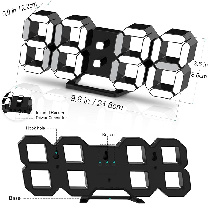 Deeyaple Led Digital Alarm Clock 3D Small Wall Clock Snooze Dimmable Time Memory 12/24 Date Temperature Remote Control Night Light Office Kitchen Living Room Bedroom (9.7 Inch, Black)