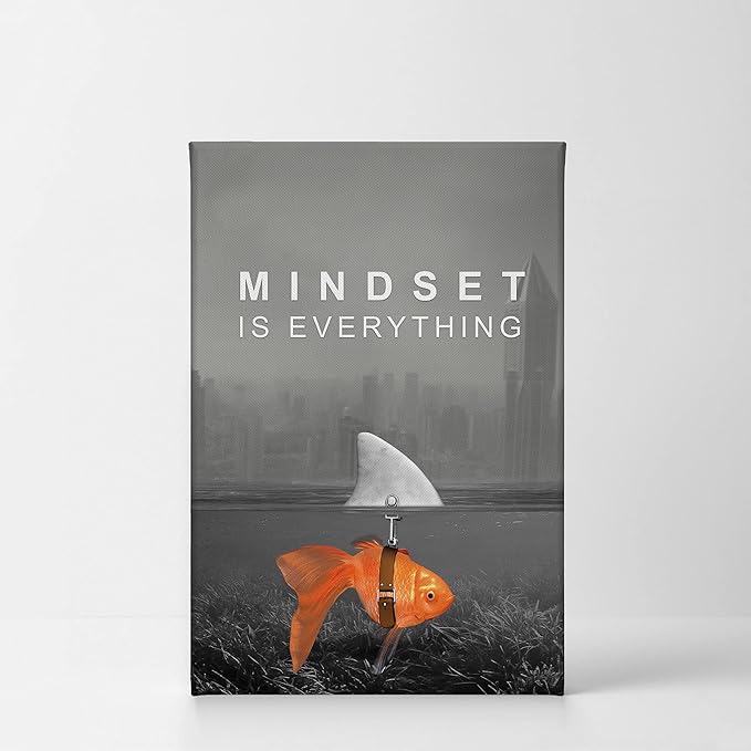 Smile Art Design Mindset is Everything Wall Art Canvas Print Black and White Goldfish Shark Entrepreneur Inspirational Motivational Quote Living Room Office Decor Ready to Hang 40x30