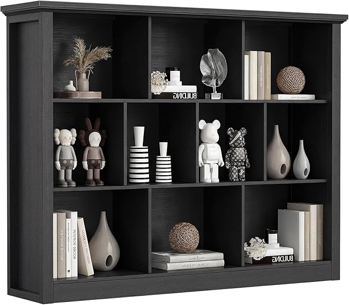 Unikito 10 Cube Storage Book Shelf - 50" Wide Wood Cube Storage Organizer, Wooden 3 Tiers Floor Standing Low Bookcase for Living Room, Bedroom, Home Office, Kids Room
