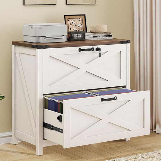 Lateral File Cabinet with 2 Large Drawers, Farmhouse File Cabinet with Lock for Letter/Legal/A4 Size Hanging Files, Wood File Storage Cabinets Printer Stand for Home Office Cabinets, White and Brown