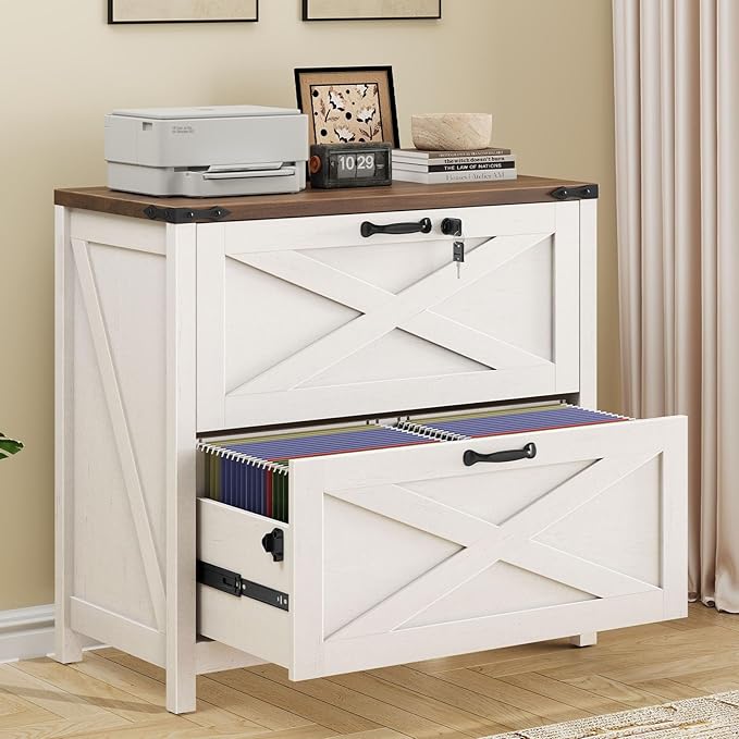 Farmhouse File Cabinet, Lateral Filing Cabinet with 2 Drawers with Lock for Letter/A4 Size Hanging Files, Large Wooden Printer Stand File Storage Cabinet for Home Office, Rustic White