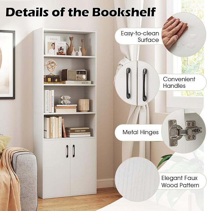 Giantex 70" Bookcase with 2 Doors, 6-Tier Modern Bookshelf w/Cabinet, Elegant Storage Cabinet, Adjustable Shelves, Multipurpose Display Rack, Storage Organizer for Living Room Bedroom Study (White)