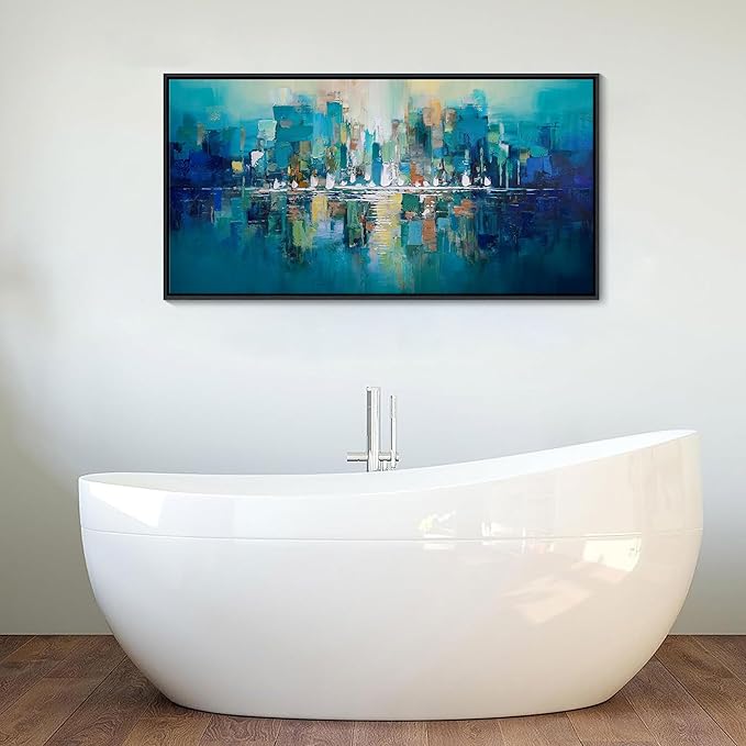 Large Framed Abstract Wall Art for Living Room - Teal and White Modern Cityscape Painting, Contemporary Canvas Wall Decor for Office, Bedroom, Ready to Hang Size 20×40 Inch