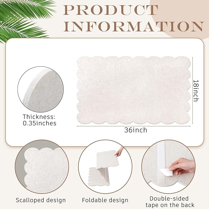 Scalloped Felt Bulletin Board 36 x 18 Inches Foldable Beige Pin Cork Board Alternative for Wall, 3' x 1.5' Trifold Picture Vision Self Adhesive Bulletin Decorative