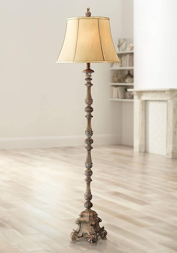 Regency Hill Rustic French Country Traditional Style Floor Lamp Standing 62" Tall Faux Wood Antique Candlestick Beige Silk Fabric Bell Shade Cottage Core Decor for Living Room Reading House Bedroom