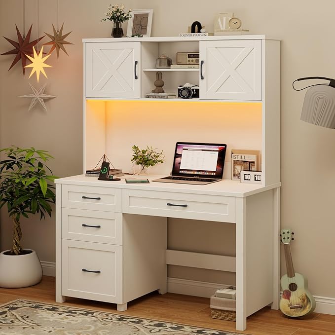 Farmhouse 67" H Executive Desk with Hutch,Office Desk with 4 Drawers and LED Light, Wood Workstation for Home Office and Study, Computer Desk with File Drawers, Charging Station.Cream White