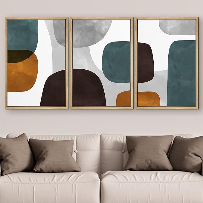 SIGNFORD Framed Wall Art Print Set Pastel Watercolor Geometric Blots Shape Abstract Illustrations Modern Decorative Multicolor Relax/Calm Chic for Living Room, Bedroom, Office - 24"x36"x3 Natural