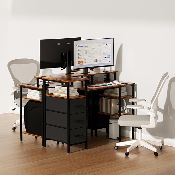 VINGLI 47 Inch L-Shaped Computer Desk, Small Computer Gaming Desk with Fabric Drawers & Storage Shelves, Charging Station, Monitor Stand for Home, Office, Brown