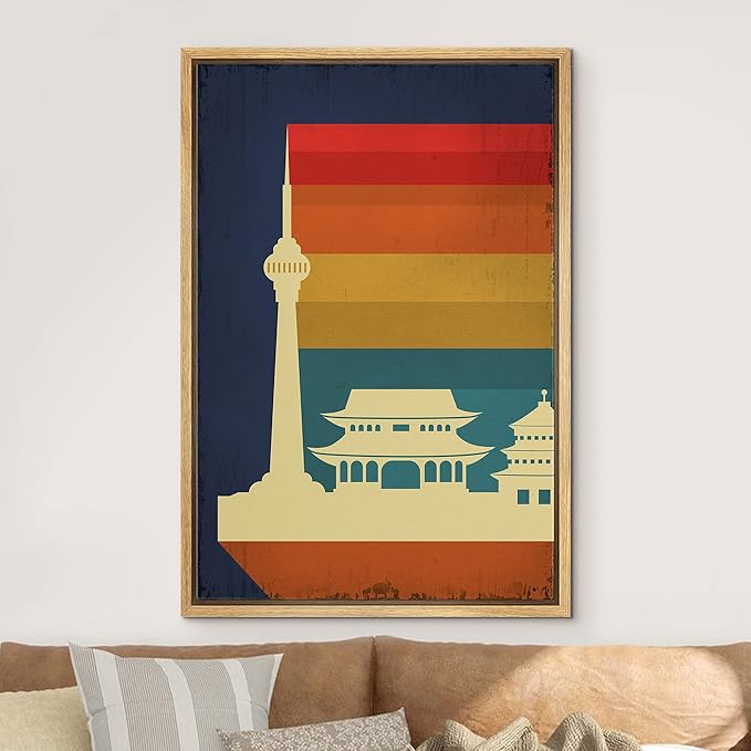 IDEA4WALL Framed Canvas Print Wall Art Retro Vintage Chinese Capitol Poster Cultural Building Illustrations Modern Art Contemporary Scenic Warm for Living Room, Bedroom, Office - 16"x24" NATURAL