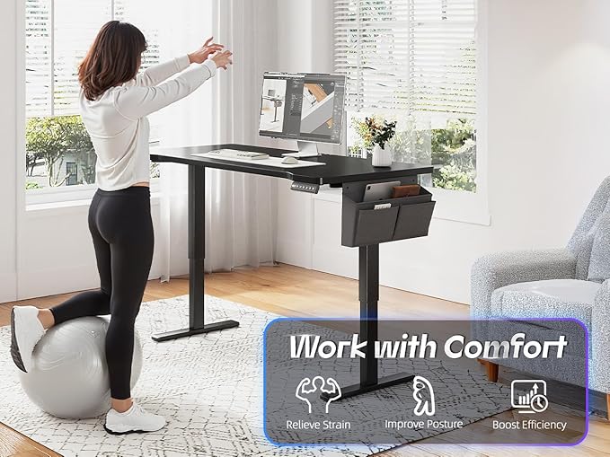 EnHomee Electric Standing Desk with LED Lights,48 x 24 Inch Height Office Desk with 3 Memory Preset, Adjustable Computer Desk with Storage Side Pocket and Cable Management,Black