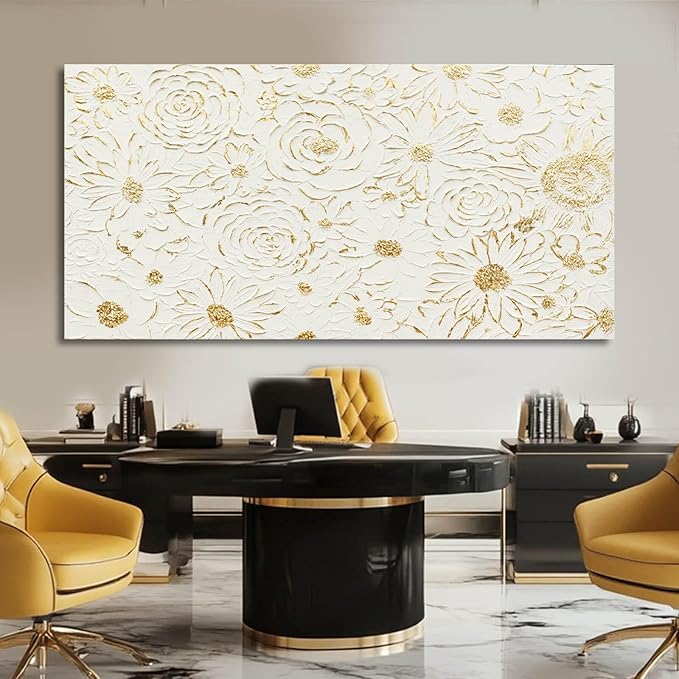 YJYart White Minimalist Wall Art, Canvas Textured Painting,Gold Flowers Floral Modern Abstract Art Wall Decor for Bedroom,Living Room And Office Hallway 29"x58"
