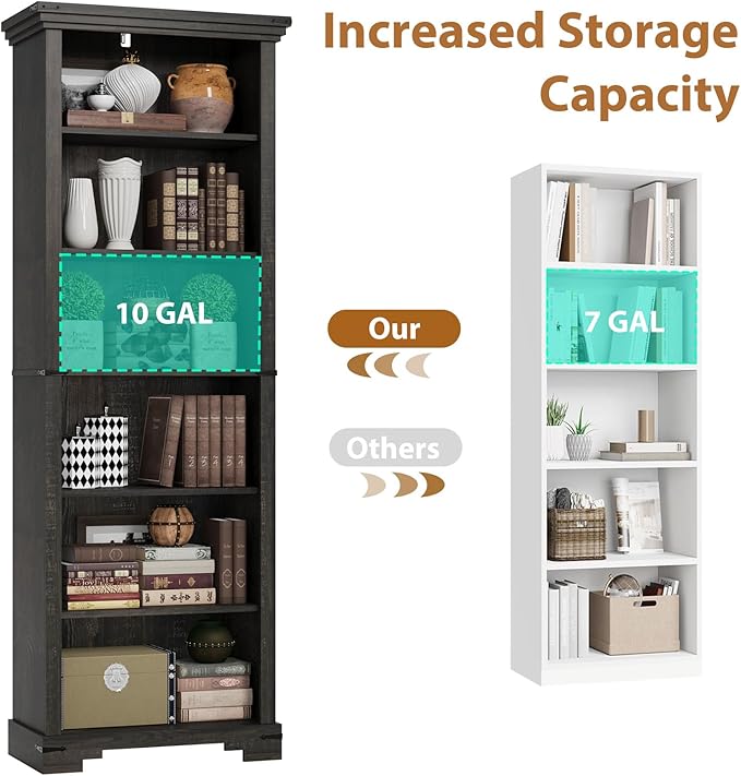 6-Tier Farmhouse Bookshelf, 73 inch Tall Book Shelf with Unique Design & 2 Adjustable Shelves, Wooden Bookshelf for Study Room, Living Room, Kitchen, Bedroom (Black)