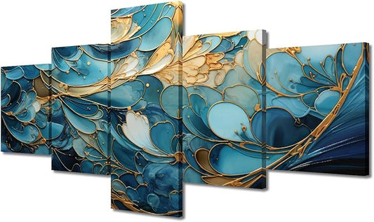 Canvas Wall Art for Men Modern Living Room Decor Blue and Gold Abstract Marble Pattern Painting Artwork 5 Panel Home Wall Art for Bedroom Decoration Stretched and Framed Ready to Hang 50x24 in