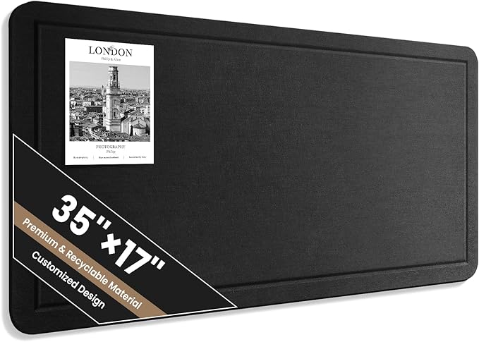 Large Bulletin Board, 35 X 17 Inches Felt Cork Board with 40 Pushpins, Foldable Felt Notice Pin Board Photo Display Board with Self-Adhesive Tape for Office Home School (Black, 35x17 inch)