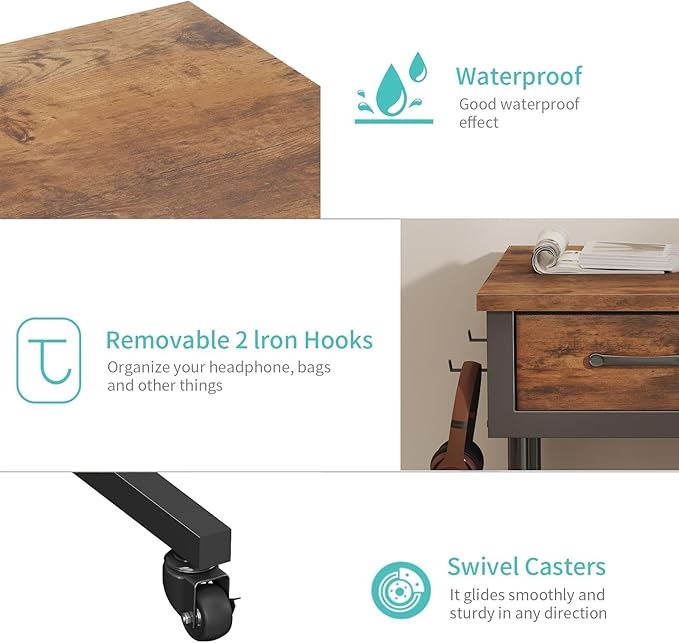 Rolling Standing Desk Adjustable Height with Drawers on Wheels, 40 Inch Portable Mobile Stand Up Computer Desks for Bedroom Home Office, Couch Sofa Side Laptop Table with Storage, Rustic Brown