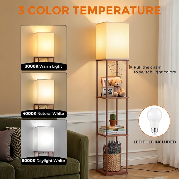 FOLKSMATE Floor Lamp with Shelves, 3-Tier Modern Square Bookshelf Floor Lamp, 3 Color Temperature Bulb Included, Floor Lamps for Living Room Bedroom Corner - Brown