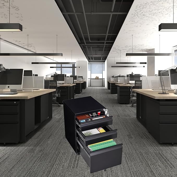 3-Drawer Mobile File Cabinets Rolling Metal Filing Cabinet for Legal & Letter File Anti-tilt Design with Lock Under Desk Office Drawers Fully Assembled Except Casters (Black)