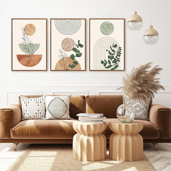 Boho Terracotta Green Framed Canvas Wall Art Set, Abstract Plant Wall Decor, Mid Century Modern Geometric Wall Painting, Neutral Abstract Art Print to Living Room, Bedroom, Office 36"x24"x3