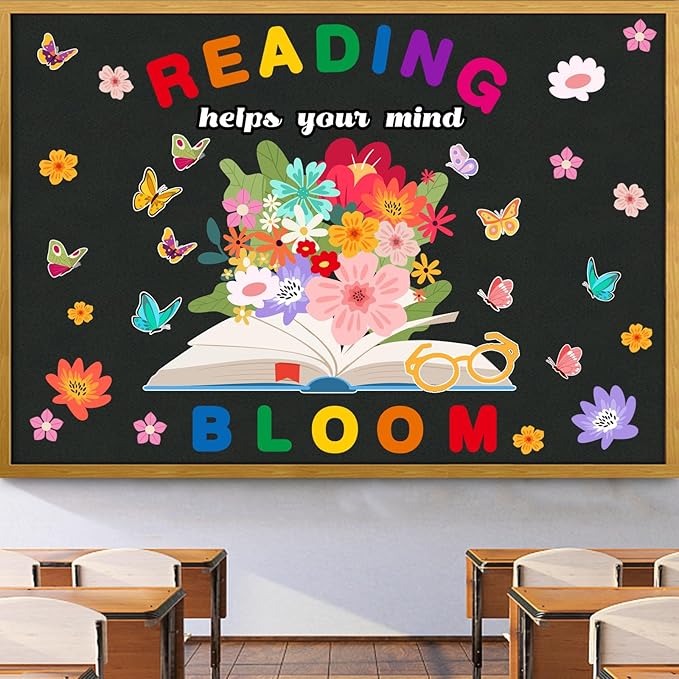 LioNergy Reading Classroom Bulletin Board Set Reading Helps Your Mind Bloom Bulletin Board Decoration Flower Butterfly Cutouts Wall Door Décor for Kindergarten Preschool Elementary Middle School