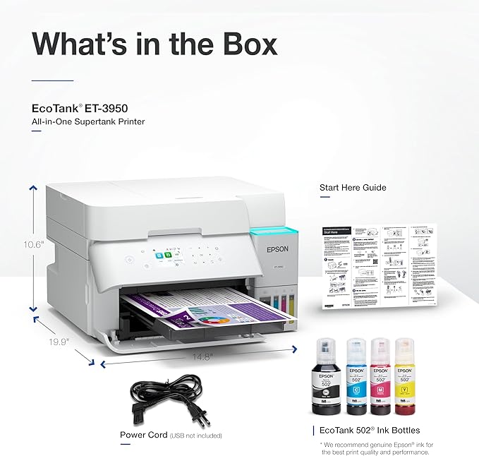 Epson EcoTank ET-3950 Wireless All-in-One Color Supertank Printer with up to 3 Years of Ink Refillable Tanks, Perfect for Home Office, 18 PPM, 2.4" Colorful Touchscreen, Auto Document Feeder - White