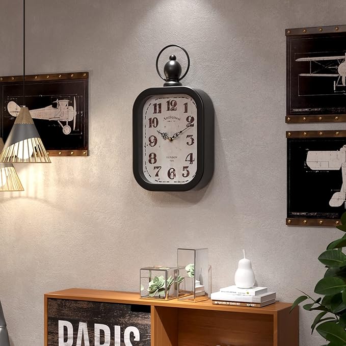 Menterry Small Retro Rectangle Wall Clock, Black Antique Vintage Style Battery Operated Silent Decor Wall Clocks for Farmhouse,Bedroom,Kitchen,Bathroom (11" H x 6.1" W)