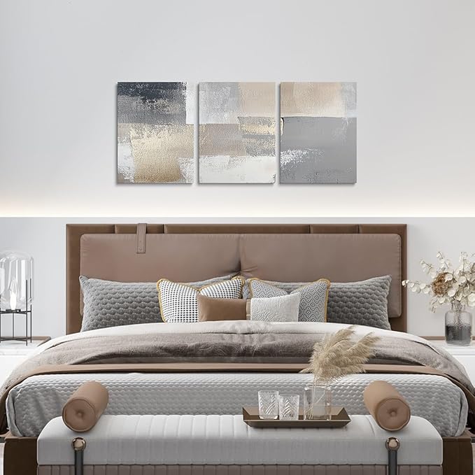 jejeloiu 12"x16"x3pcs Abstract Oil Painting Office Decorations Artwork Posters Abstract Art 3 Piece Canvas Wall Art for Living Room Bedroom Beige White Modern Picture Wall Decor