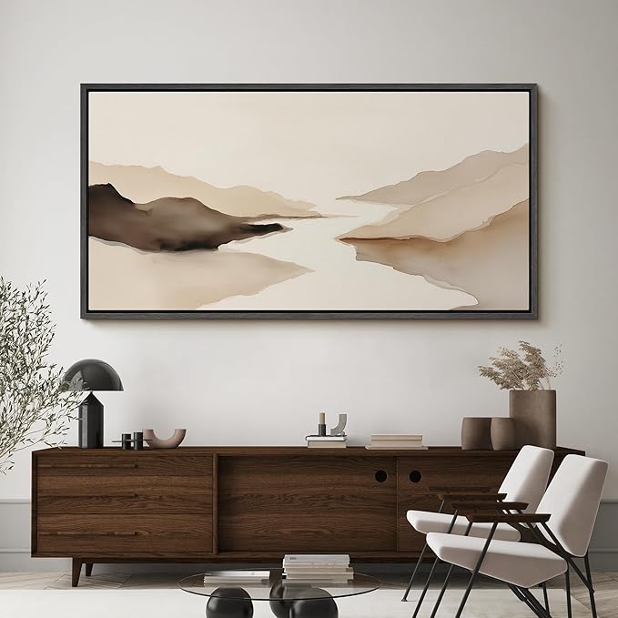 SIGNFORD Extra Large Framed Canvas Print Wall Art Abstract Neutral Mountain Lake Landscape Illustrations Modern Art Calm Warm for Living Room, Bedroom, Office - 60"x30"