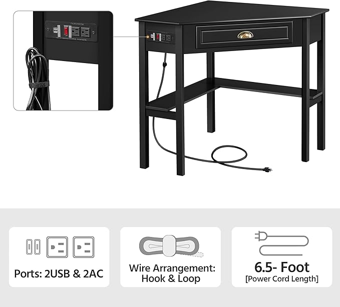 Yaheetech L Shaped Computer Desk Corner Table with Charging Station Outlets for Small Space, 90 Degree Triangle Desk Home Office Table with Drawer and Storage Shelf for Workstation, Living Room, Black