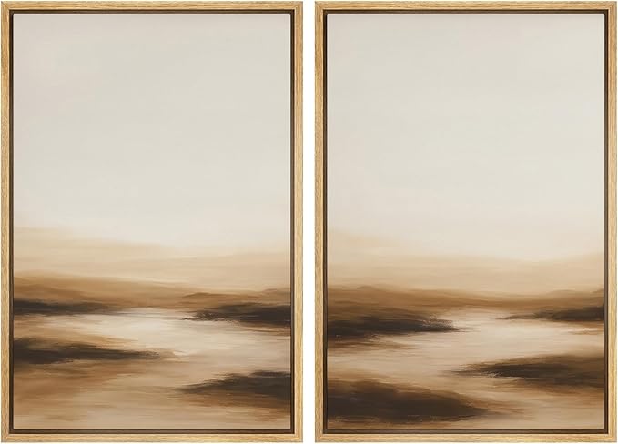 SIGNWIN Framed Canvas Print Wall Art Set Warm Brown Abstract Horizon Neutral Minimalist Landscape Illustrations Modern Art Decorative Multicolor for Living Room, Bedroom, Office - 24"x36"x2 Natural