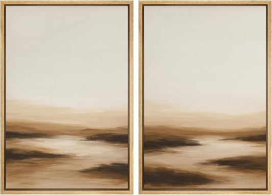 SIGNWIN Framed Canvas Print Wall Art Set Warm Brown Abstract Horizon Neutral Minimalist Landscape Illustrations Modern Art Decorative Multicolor for Living Room, Bedroom, Office - 24"x36"x2 Natural