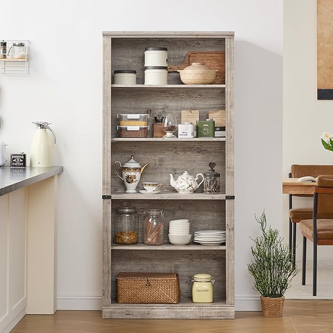 70" Grey Tall Bookshelf,5-Tier Thick Wooden Book Shelf with Adjustable Shelves,Free Standing Farmhouse Bookcase with Open Display Storage,Floor Vintage Bookshelves for Living Room,Office