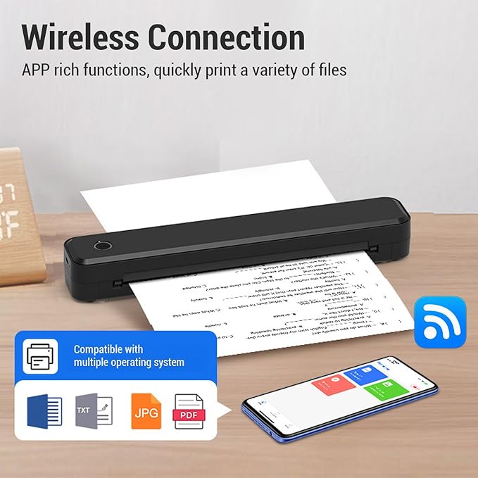 Hyuduo Portable Thermal Printer Labels Printer 203DPI 211.2mm Printing Width Wireless Inkless Printer for 8.5x11in US Letter A4 A5 Paper for Office Car and Home Black