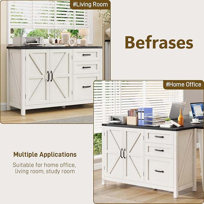 Farmhouse File Cabinet with Doors, Lateral Filing Cabinet with 3 Drawers for Letter/A4 Size Hanging Files, Large Wooden Storage Cabinet with Adjustable Shelves for Home Office, White and Black