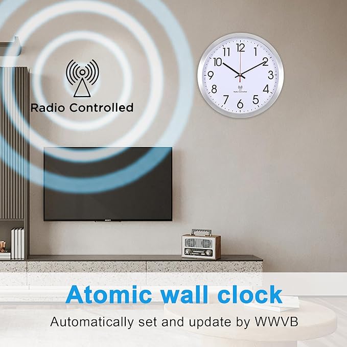 Atomic Analog Wall Clock, 14Inch Radio Controlled Sets Automatically Wall Clock, Aluminum Frame WallClock for Home School Office