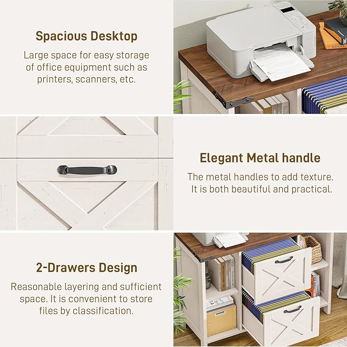 2 Drawer File Cabinet, Farmhouse Lateral Filing Cabinet Fits File Letter or A4 Size, Wooden Printer Stand with Open Storage Adjustable Shelf for Home Office, Rustic White