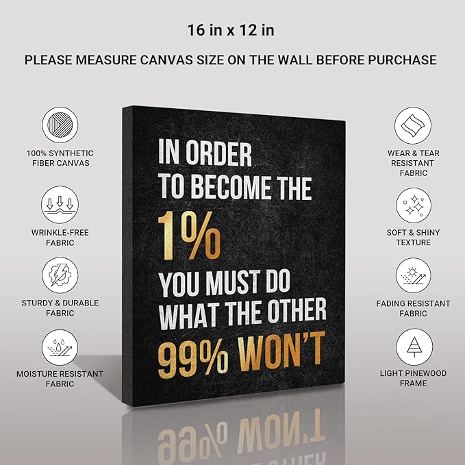 Inspirational Wall Art Framed Canvas 12 x 16 in (IN ORDER TO BECOME THE 1%) - Motivational Entrepreneur Positive Quotes Wall Arts Decor for Home Office Bathroom Bedroom Kitchen Classroom Gym