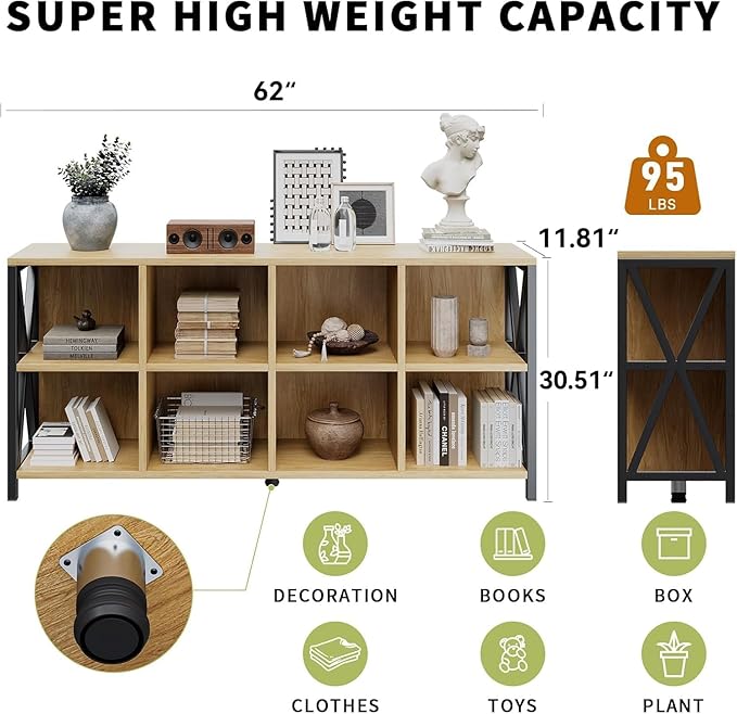 63" 8 Cube Horizontal Bookshelf Long Bookshelf Wood Cube Storage Organizer Wood Cubby Bookcase for Living Room Maple