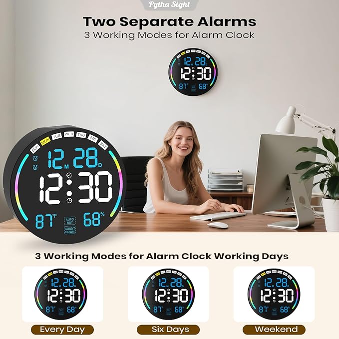 Large Digital Wall Clock with 10.3" LED Display,Alarm,Countdown Timer,DST,Temperature,Humidity,Auto-Dimming,Remote Control,Night Light for Classroom,Bedroom,Living Room,Office,Gym