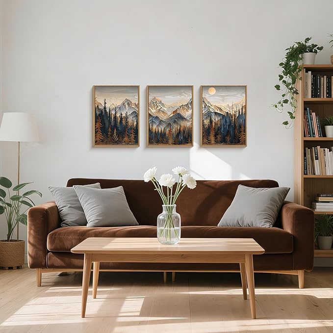 Wood Mountain Framed Canvas Wall Art Set, Pine Trees Wall Painting, Ridge Scenery Wall Decor, Natural Sun Landscape Art Print for Living Room, Bedroom, Dining Room, Office - 12"x16"x3